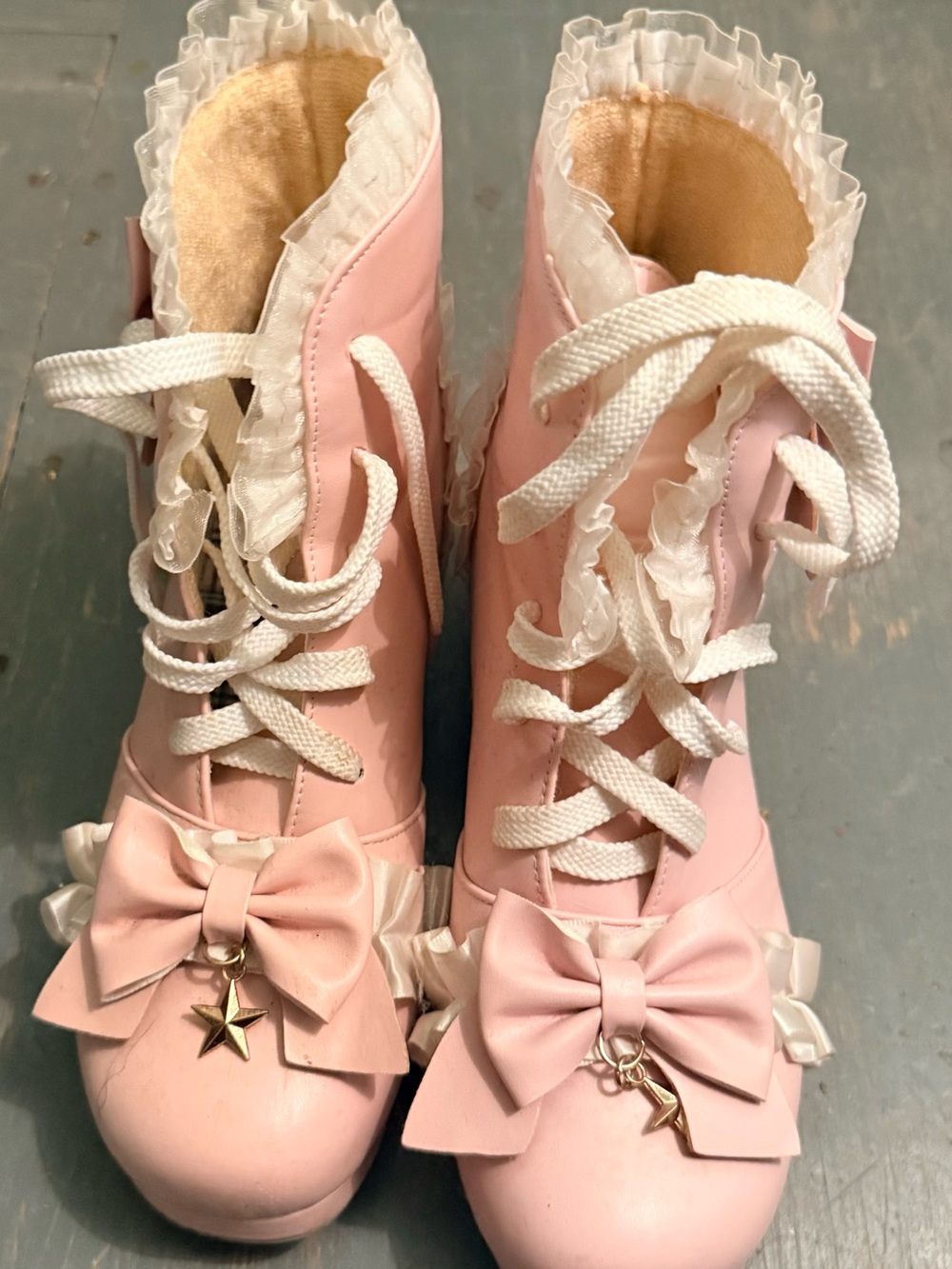Pink Lace-Up Kawaii Bow Booties with Star Charm - Women Shoes
